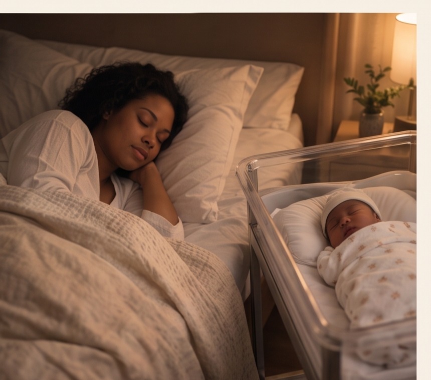 A mother resting beside her sleeping newborn in a separate bassinet